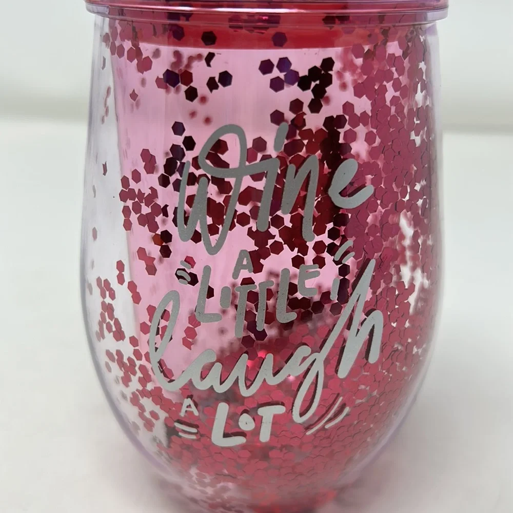 Wine A Little Laugh A Lot Pink Sparkly Stemless Wine Lidded Cup